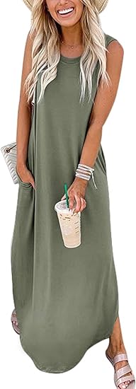 Women Casual Loose Sundress Sleeveless Split Maxi Long Beach Shirt Dress Travel Vacation 2025 Summer Outfits