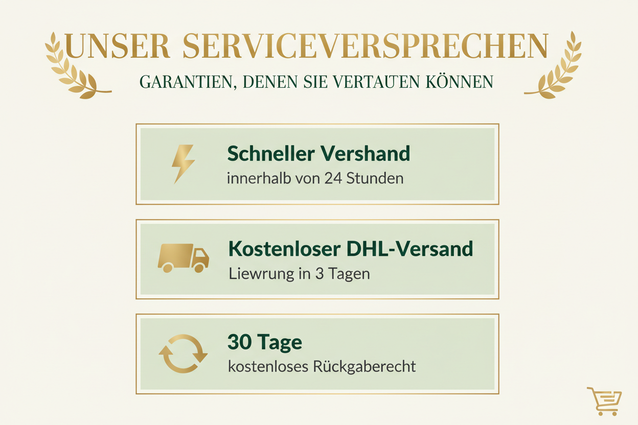 24小时内快速发货,DHL免费配送3天送达,30天无理由免费退换货。这段换用德语生成图片