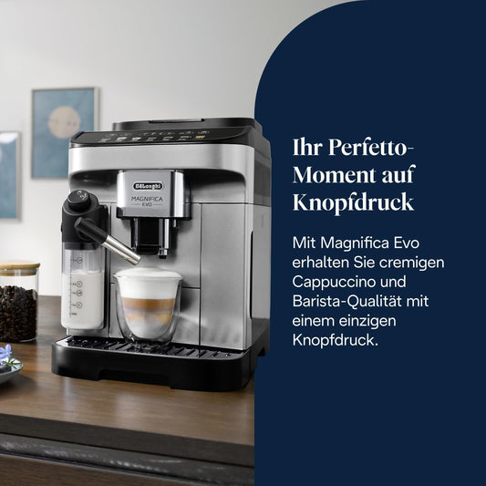 De’Longhi Magnifica Evo - Kaffeevollautomat mit Vollautomatischem cremigen Milchschaum, 7 One-Touch-Getränke, Cappuccino & Espresso, Kaffeemaschine, Soft-Touch-Bedienfeld, Silber (ECAM292.81.SB)