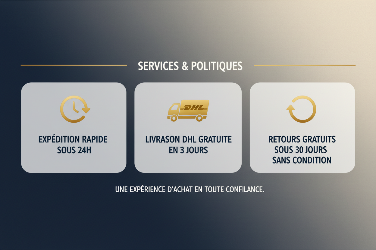 24小时内快速发货，DHL免费配送3天送达，30天无理由免费退换货。这段换用法语生成图片