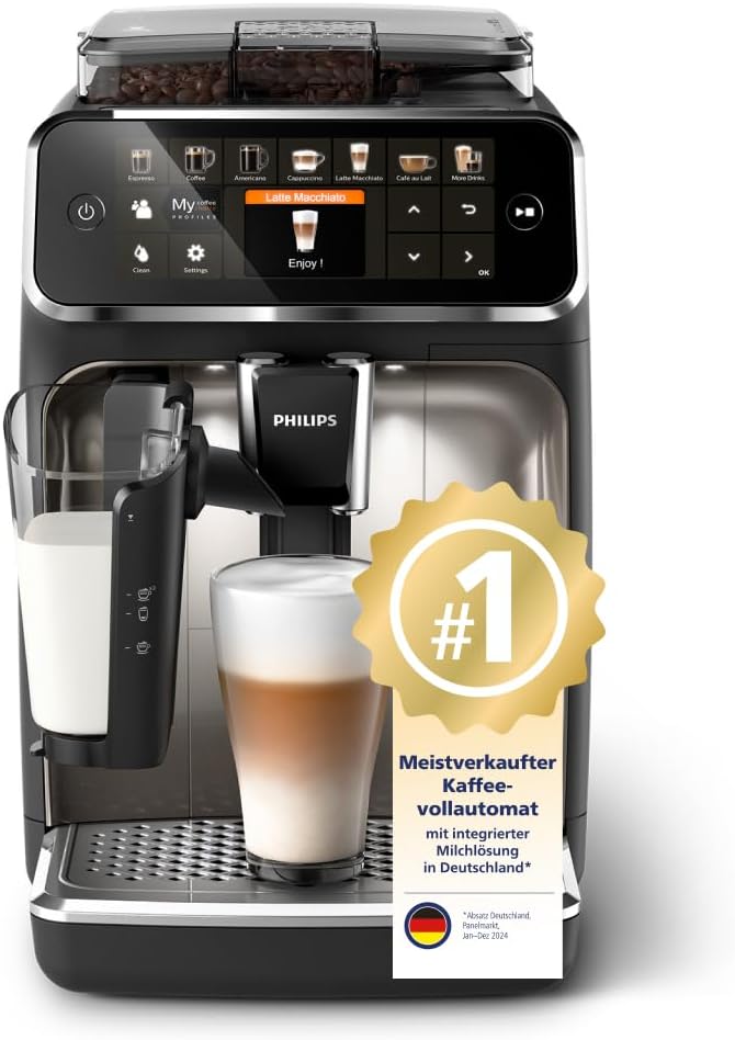 Philips Serie 5400 Kaffeevollautomat (EP5447/90) – LatteGo Milchsystem,12 Kaffeespezialitäten,Intuitives Display,4 Benutzerprofile,Chrom