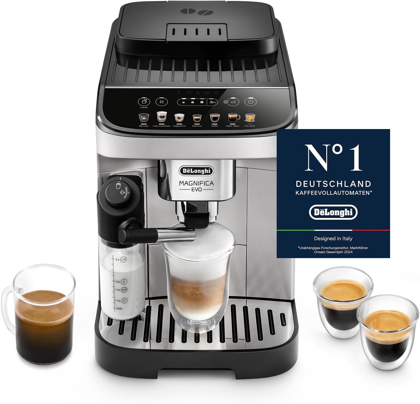 De’Longhi Magnifica Evo - Kaffeevollautomat mit Vollautomatischem cremigen Milchschaum, 7 One-Touch-Getränke, Cappuccino & Espresso, Kaffeemaschine, Soft-Touch-Bedienfeld, Silber (ECAM292.81.SB)