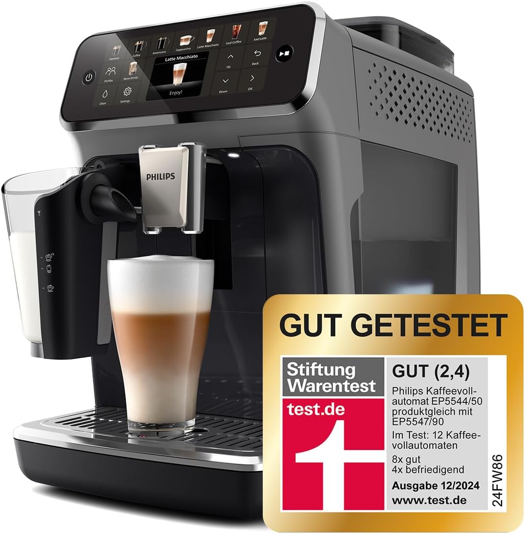 Philips Serie 5500 Kaffeevollautomat (EP5544/50) – LatteGo Milchsystem,20 heiße und kalte Kaffeespezialitäten,40% leiser mit SilentBrew,QuickStart,Grau