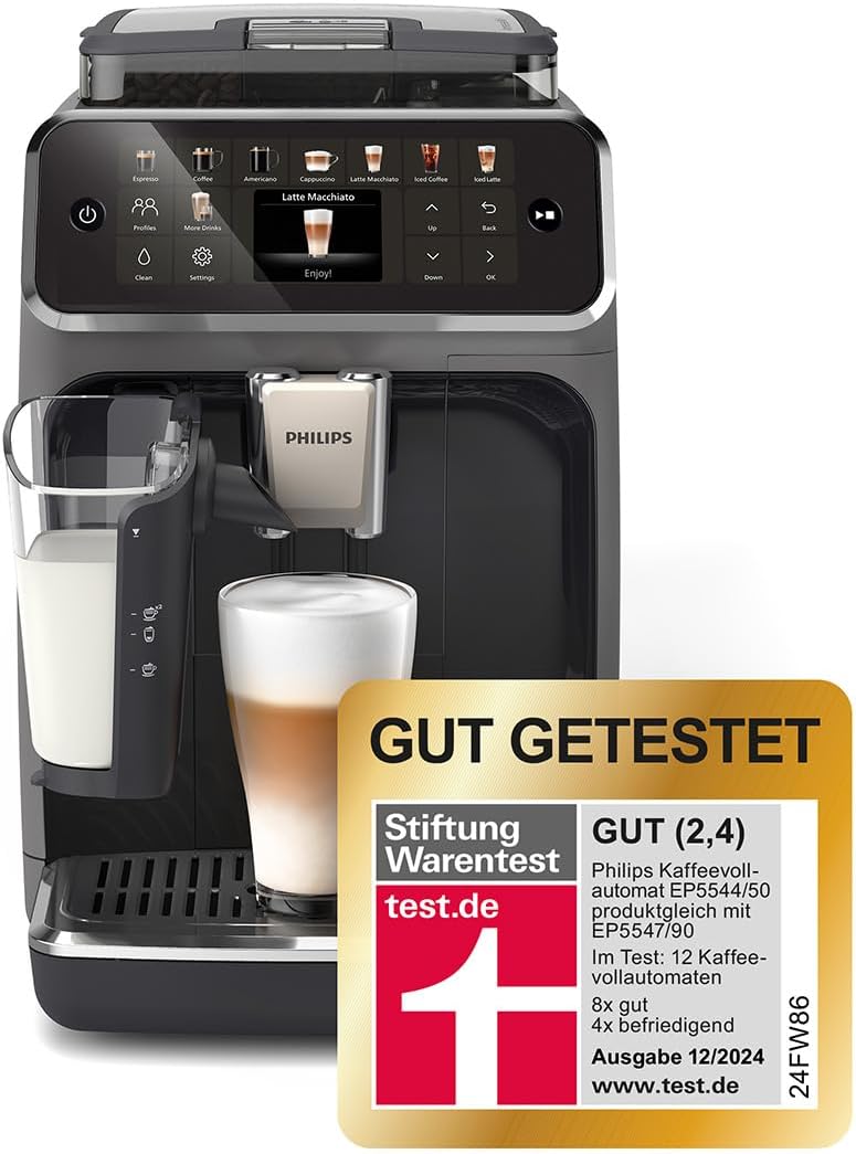 Philips Serie 5500 Kaffeevollautomat (EP5544/50) – LatteGo Milchsystem,20 heiße und kalte Kaffeespezialitäten,40% leiser mit SilentBrew,QuickStart,Grau