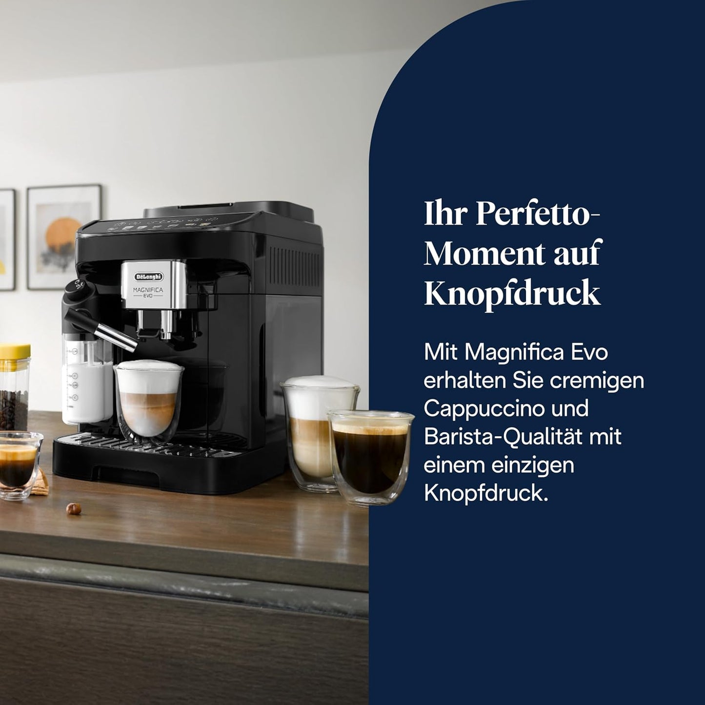 Magnifica Evo ECAM292.81.B: Kaffeevollautomat mit Milchkännchen. 7 Direktwahltasten für Cappuccino, Espresso & Kaffeespezialitäten, intuitives Bedienfeld, 2-Tassen-Funktion.Schwarz