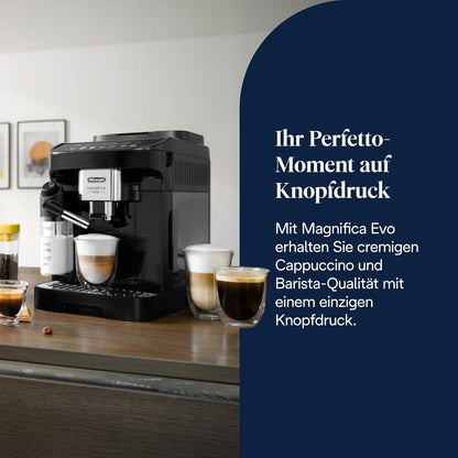 Magnifica Evo ECAM292.81.B: Kaffeevollautomat mit Milchkännchen. 7 Direktwahltasten für Cappuccino, Espresso & Kaffeespezialitäten, intuitives Bedienfeld, 2-Tassen-Funktion.Schwarz