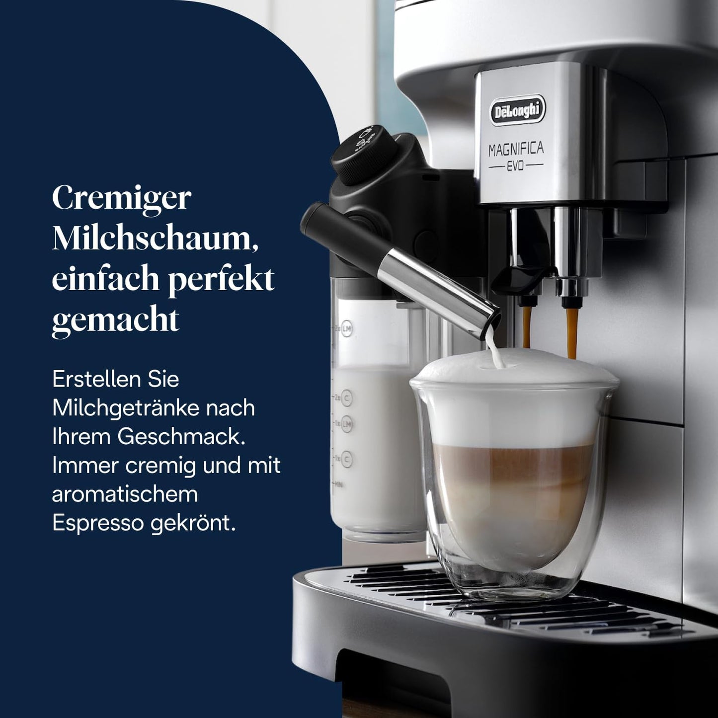 De’Longhi Magnifica Evo - Kaffeevollautomat mit Vollautomatischem cremigen Milchschaum, 7 One-Touch-Getränke, Cappuccino & Espresso, Kaffeemaschine, Soft-Touch-Bedienfeld, Silber (ECAM292.81.SB)