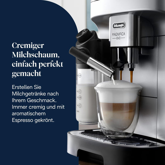 De’Longhi Magnifica Evo ECAM292.81.SB - Kaffeevollautomat mit Vollautomatischem cremigen Milchschaum, 7 One-Touch-Getränke,Cappuccino & Espresso,Kaffeemaschine,Soft-Touch-Bedienfeld,Silber